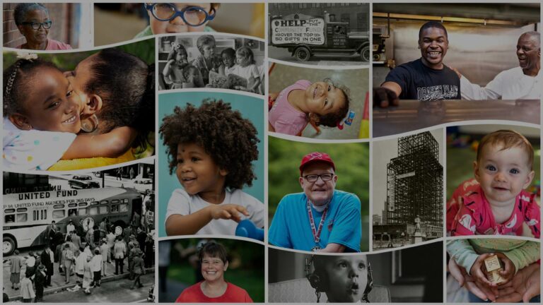 A vibrant collage showcases diverse individuals: children playing, people smiling, a historical photo of a United Fund bus, and a bustling food truck. The images celebrate community and daily life moments curated by United Way.