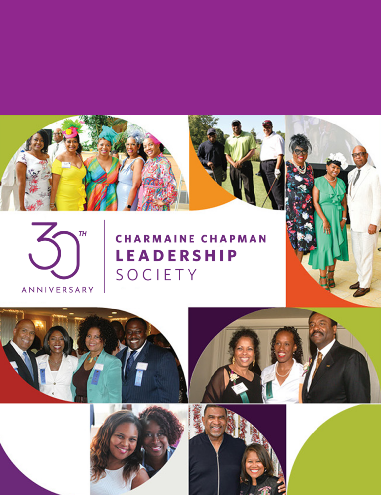 A collage celebrating the 30th Anniversary of the Charmaine Chapman Leadership Society, highlighting their partnership with United Way. The image displays groups of people joyously gathered at various events, set against vibrant decorative elements in the background.