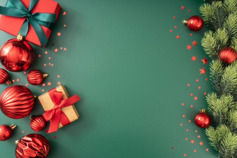 green background with holiday garland framing the background