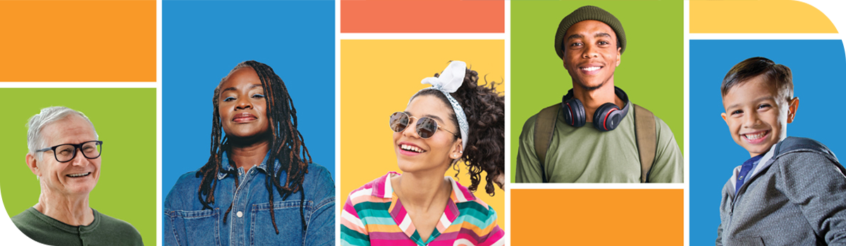 Colored blocks intermixed with people's faces.
