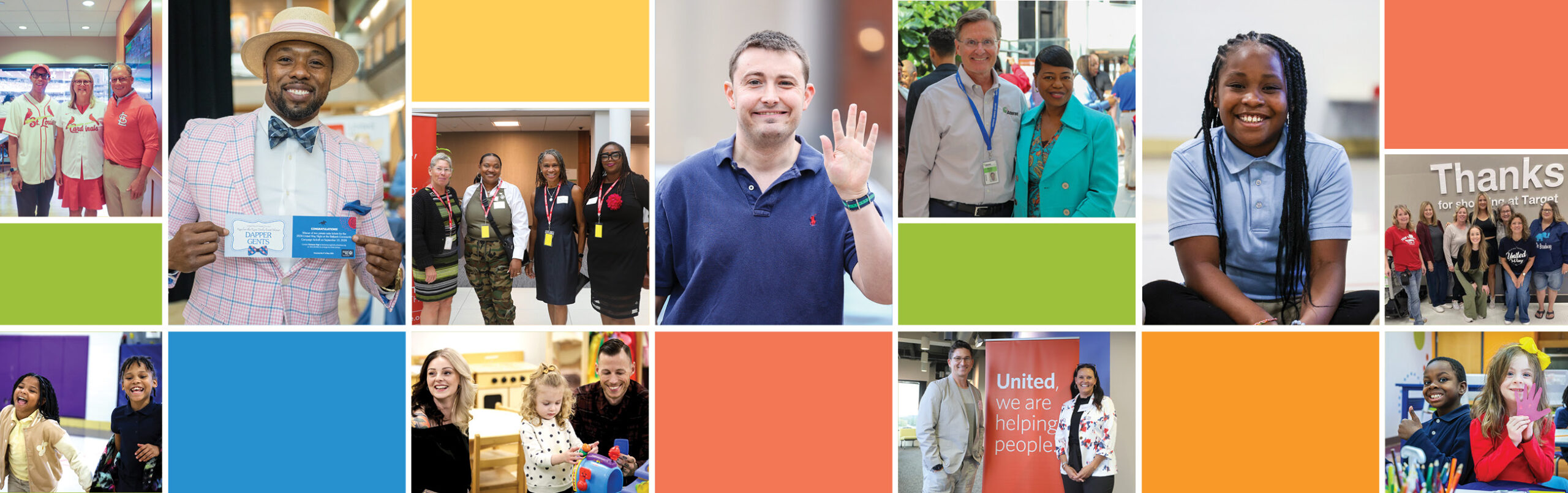 thank you page header, collage of colored blocks and people