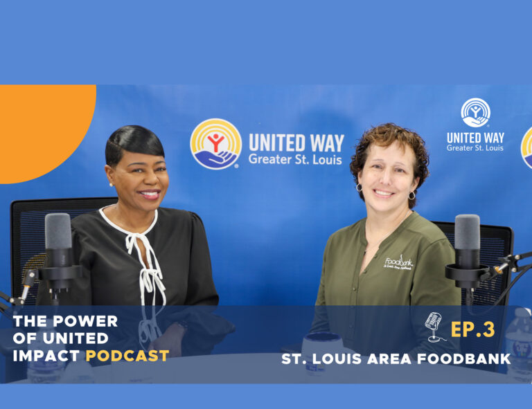 Michelle Tucker, president and CEO of United Way, and Meredith Knopp, President & CEO of the St. Louis Area Foodbank siting infront of a blue background.